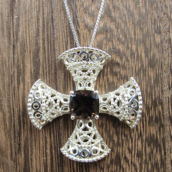 Jewelry - 18" Sterling Cross Style Smoky Quartz Necklace